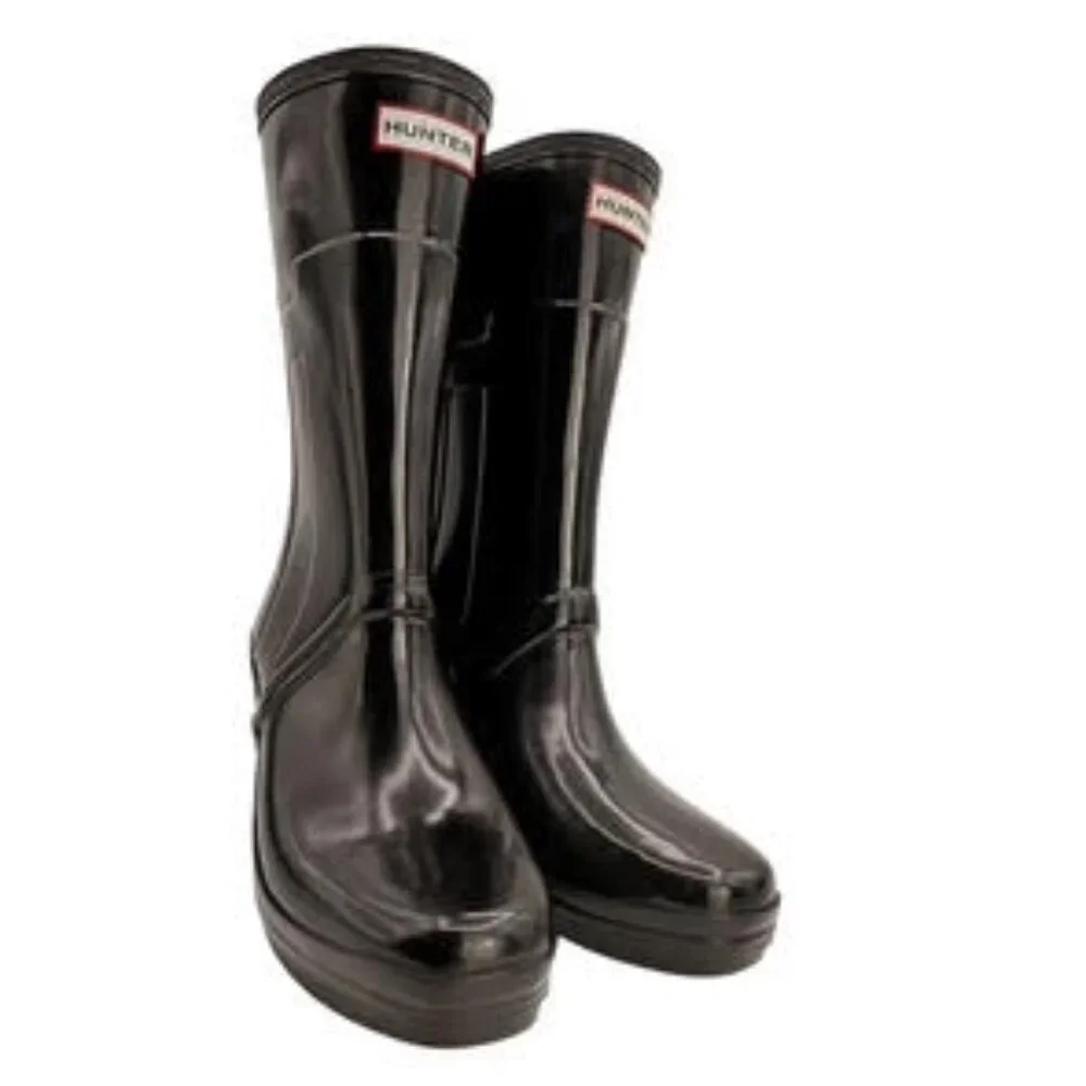 Hunter Original Tall High Gloss Wedge Rain Boots Black Rubber Heeled WMS Size 8 - Picture 4 of 15